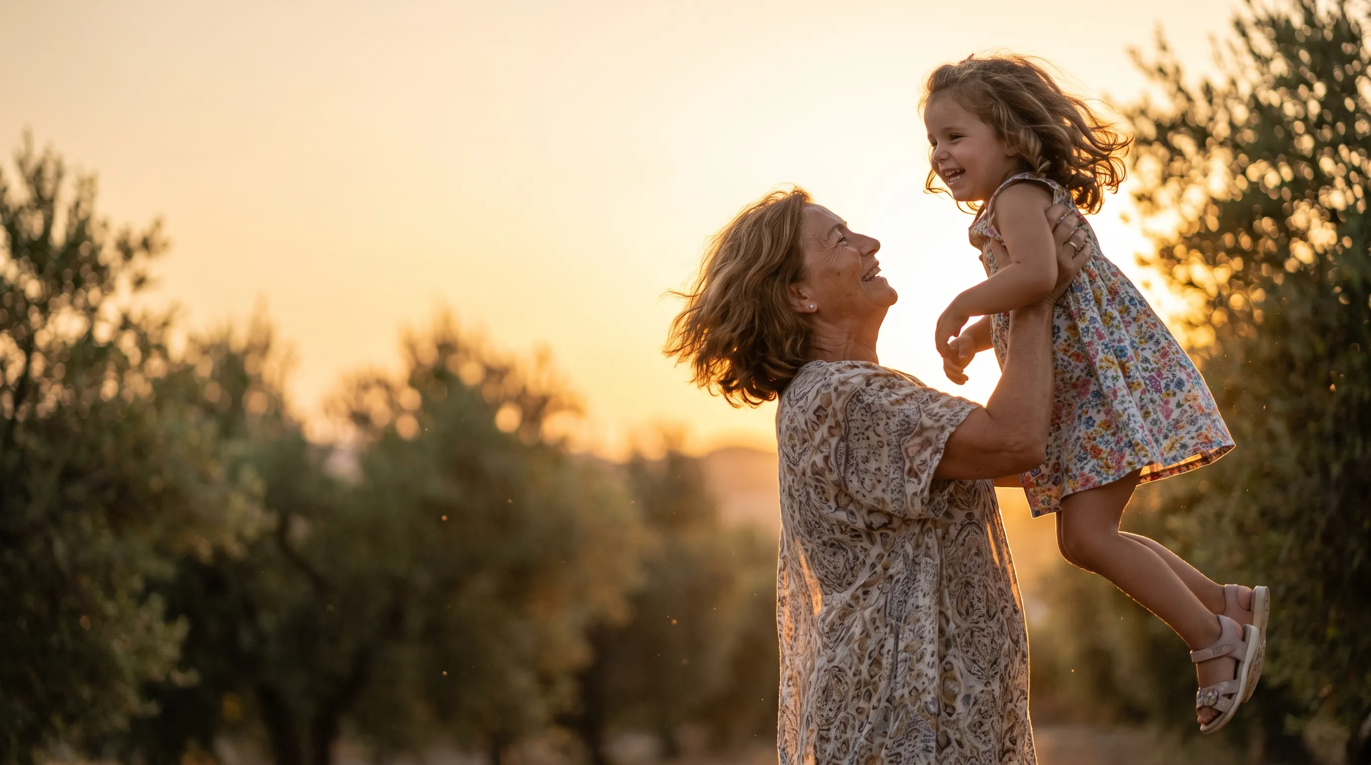 Abuela alzando a su nieta en un olivar al atardecer — la vida que el dolor te está quitando